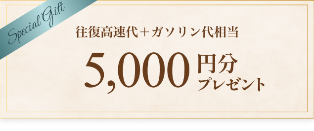 バナー風イラスト：往復高速代・ガソリン代相当5,000円分プレゼント